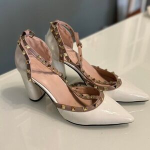 White Patent Studded Pumps Block Heel Ankle Strap Heels Women's 9.5